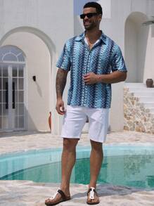 DAZY Summer Blue Striped Geometric Textured Men's Beach Shirt - Blue - View 8