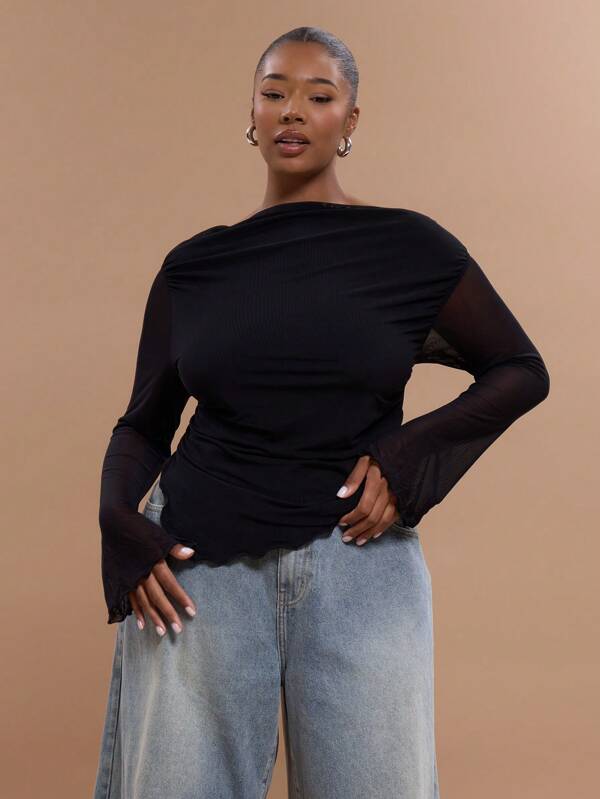 MUSERA Off Shoulder Asymmetric Hem Fitted Ruched Sides Elegant Classy Cute Romantic Club Sexy Flared Sleeve Long Sleeved Top For Spring Summer Vacation Holiday