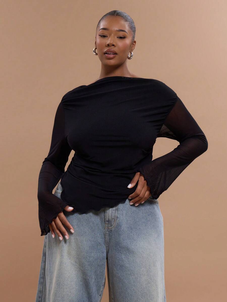 MUSERA Plus Size Off Shoulder Asymmetric Hem Fitted Ruched Sides Elegant Classy Cute Romantic Club Sexy Flared Sleeve Long Sleeved Top For Spring Summer Vacation Holiday Winter - Black - View 1