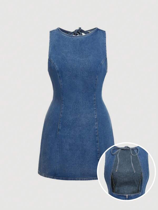 SHEIN MOD Plus Size Denim Sleeveless Mini Dress, Casual Fitted,Summer