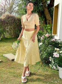 SHEIN Unity Women's Solid Color Elastic Waist Layered Maxi Skirt, Suitable For Vacation