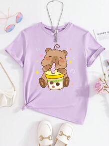 SHEIN GraphicGems Camiseta de manga corta y cuello redondo de color púrpura con estampado lindo de capibara y té de burbujas para niñas preadolescentes