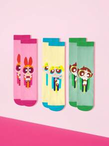 THE POWERPUFF GIRLS X SHEIN 1 Pair Women's Comfortable Blossom Pattern Colorblock Crew Socks - Pink - View 1