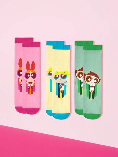 THE POWERPUFF GIRLS X SHEIN 1 Pair Women's Comfortable Blossom Pattern Colorblock Crew Socks