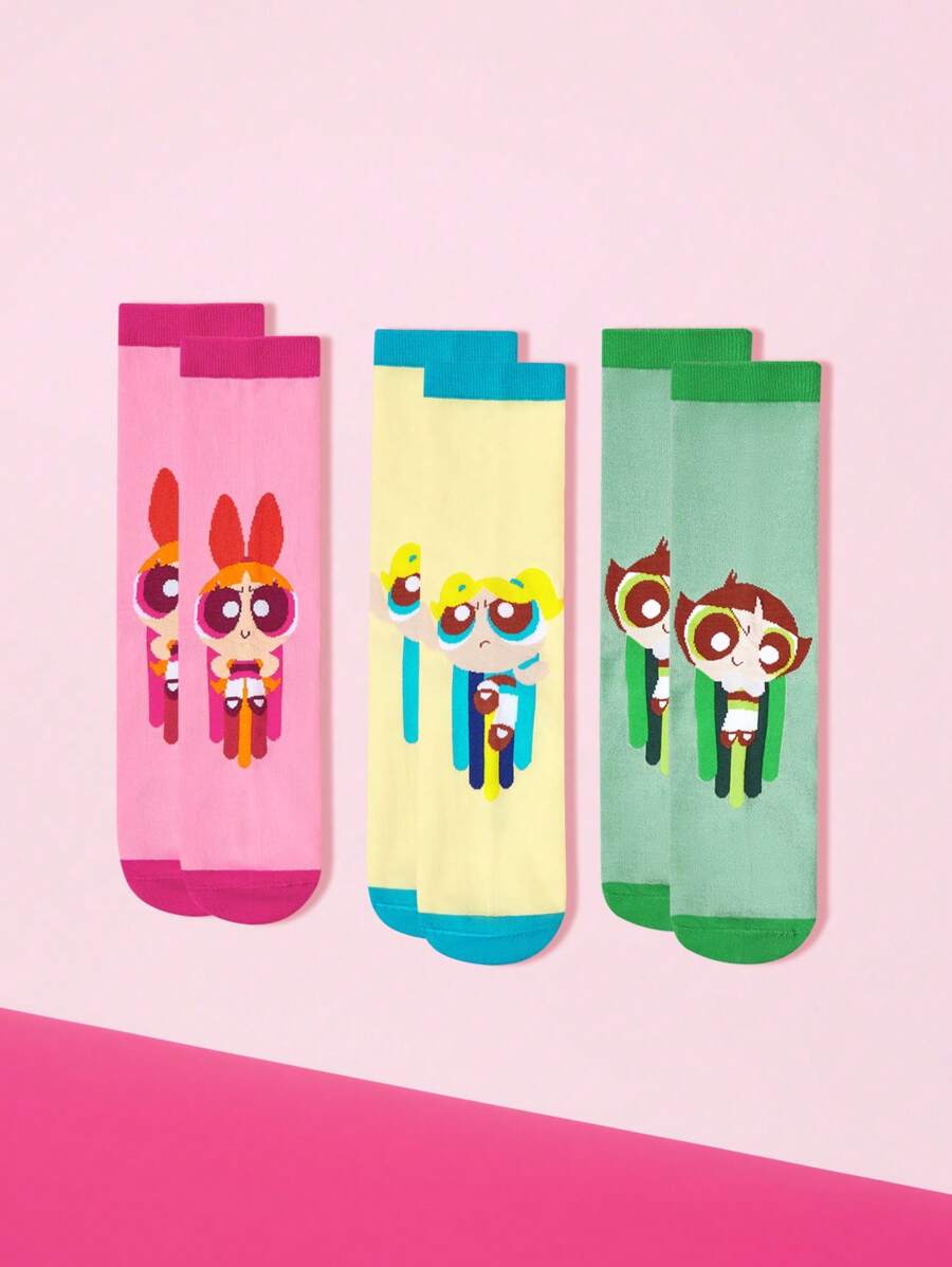 THE POWERPUFF GIRLS X SHEIN 1 Pair Women's Comfortable Blossom Pattern Colorblock Crew Socks - Pink - View 1