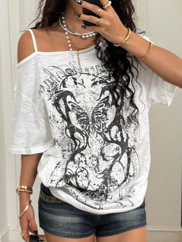 Coolane Damen Sommer Alltagskleidung Y2K Hip-Hop Vintage Streetwear Strickpullover mit Nummer- und Sternenmuster, dehnbar und bequem, asymmetrischer Ausschnitt, marineblaues Oversized Kurzarm T-Shirt für Musikfestivals