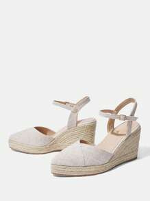 Styleloop Women's Simple Canvas Shoes With Ankle Strap, Elastic Band, Zipper Closure, Round Toe With Metal Hollow Buckle, Woven Platform Wedge Sandals For Vacation - Apricot - View 5