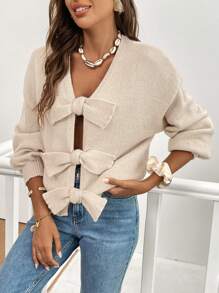 SHEIN Frenchy Suéter de mujer con cuello en V de unicolor, decoración de lazo, hombro caído, manga larga, cálido y cepillado, para uso casual, de oficina, minimalista, "old money", sencillo. Puede usarse sobre una camiseta. Cárdigan lindo, muy cálido y suave, ropa de invierno, parte superior de suéter de mujer, atuendos de otoño para mujer, suéteres de mujer - Albaricoque - Ver 5