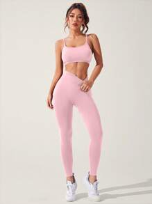 Slayform Women Plain Color Tie Front Cropped Camisole And Legging Gym Activewear Set Gym Set Workout Women Setwomen Workout Set - Pink - View 2