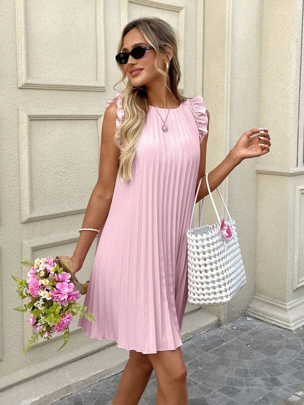 SHEIN LUNE Rochie de Paște, rochie mini cu tiv plisat și volane, mâneci scurte, roz, potrivită pentru vară, vacanță romantică și întâlniri, ținută de femeie, rochie Es pentru femei, îmbrăcăminte pentru femei, rochii de vară, rochii de vară pentru femei, rochie casual de vară, rochii casual pentru femei, rochie de femeie, sosiri noi de vară, rochie de femeie, ținută de concert, ținute de vacanță pentru femei, ținute de vacanță pentru femei/plajă, rochie de absolvire, rochie de invitat la nuntă, rochie Derby pentru femei, ținută de Ziua Mamei
