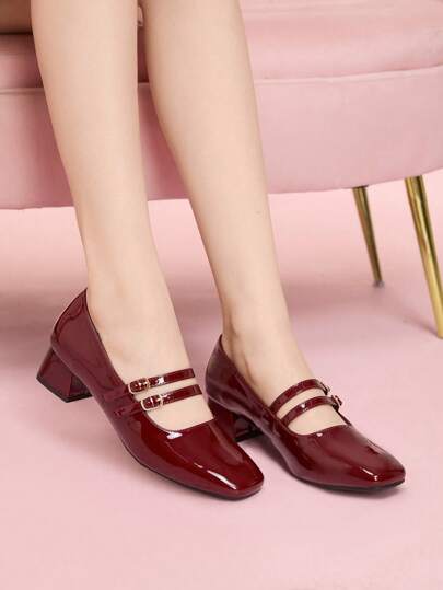 CUCCOO DOLLMOD Tacones gruesos vintage brillantes con diseño de hebilla ajustable para mujer