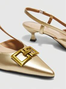 CUCCOO BIZCHIC Fashion Pointed Toe Women Pumps With Chain & Cutout Backless Design, Kitten Heel High Heel Dress Shoes For Work For Christmas Valentine's Day Spring Shoes - Gold - View 7