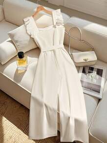 SHEIN Clasi Plus Size Women's Summer Solid Color Elegant Simple Ruffle Jumpsuit - Apricot - View 2