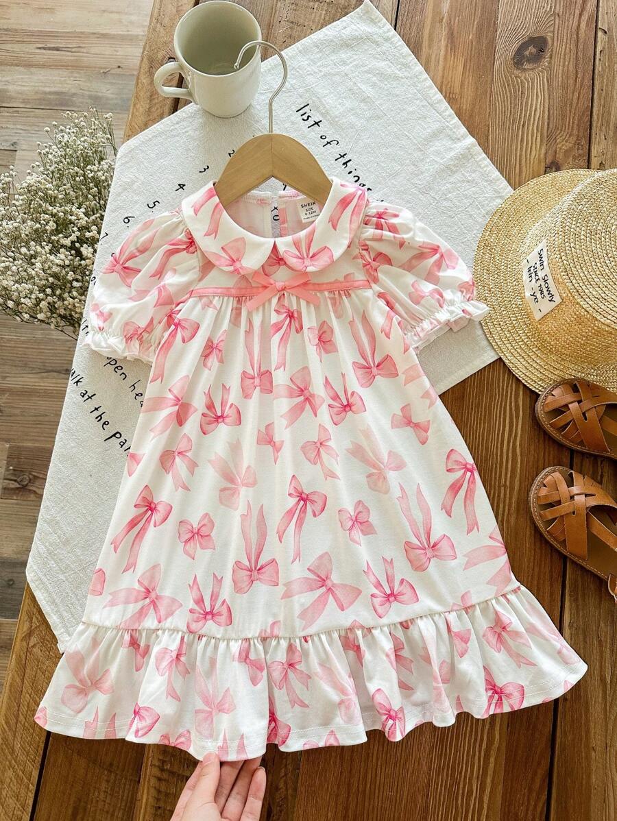 SHEIN Baby Girl Simple Bow Design Peter Pan Collar Short Sleeve Knit Nightgown - Pink - View 1