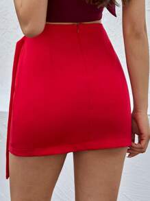 高腰圓環細節裹身裙 - 紅色 - 查看 2