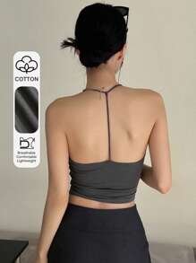 DAZY Solid Crop Halter Top Backless Top Festival Tank Tops - Dark Grey - View 1