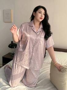 Dazy Plus Leopard Print Lapel Loose Pajama Set - Grey - View 4