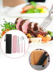 SHEIN 旅行用具，餐具套装返校，旅行银器套装带盒，餐具套装便携式营地可重复使用 18/8 不锈钢餐具银器，包括带盒的叉勺筷子，适用于西餐、厨房、午餐盒办公室野餐日常饮食，圣诞节（黑色），各种组合可用圣诞节作为节日礼物 - 粉色 - 查看 3