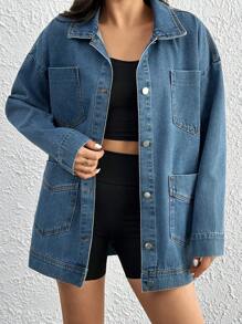 EURMUSE Women Rigid Distressed Snow Wash Denim Jacket - Medium Wash - View 6