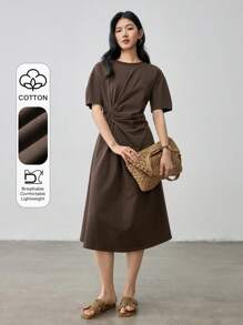 Dazy-Less Casual Business Draped Pleated Design Loose Straight Midi Dress For Women Summer Old Money Style Sundress,Teacher Outfits - Brown - View 1