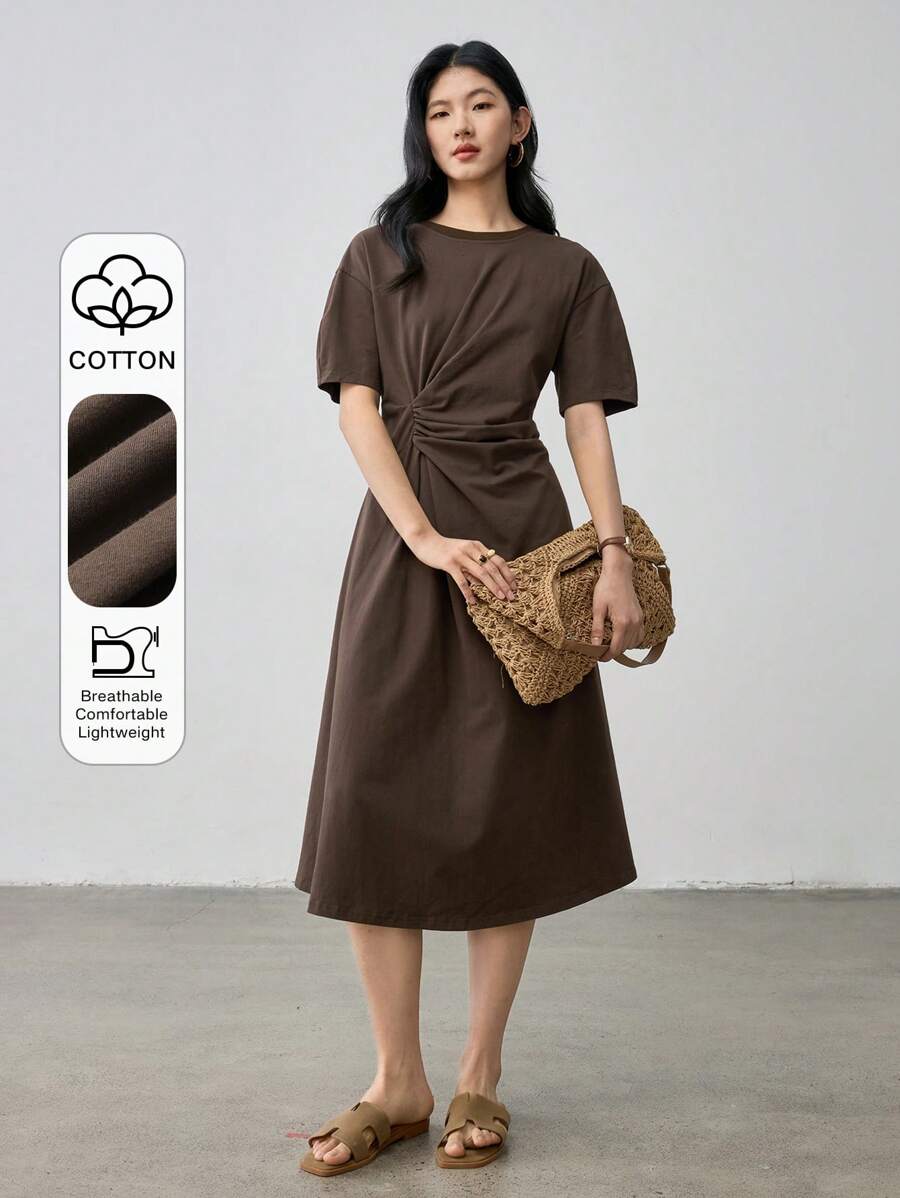 Dazy-Less Casual Business Draped Pleated Design Loose Straight Midi Dress For Women Summer Old Money Style Sundress,Teacher Outfits - Brown - View 1