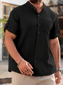Manfinity Homme Plus Size Men's Casual Solid Color Short Sleeve Shirt For Summer - Black - View 3