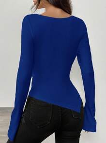 Airlisse Asymmetrical Hem Off-Shoulder Knit Top With Cinched Waist Fall Cloth For Women - Royal Blue - View 2