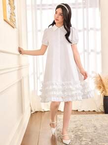 SHEIN Teen Girl Loose Casual Minimalist Collared Puff Sleeve Ruffle Detail Dress - White - View 6