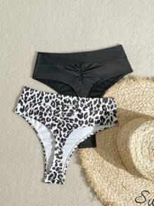 Swim Basics Women 2pc Solid Color And Leopard Print Sexy Bikini Bottom For Summer Beach Vacation - Black - View 2