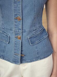 MOTF STUDIO BUTTON UP FITTED WAIST DENIM TOP - Light Wash - View 2