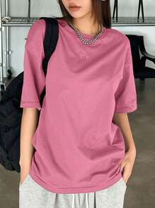 DAZY Camiseta Corta De Manga Corta Con Diseño De Hombros Caídos Y Bordado De Letras - Rosa Fucsia - Ver 6