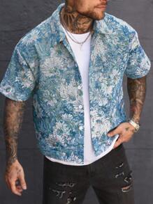 SLATEMANN 男士蓝色提花短袖单排扣口袋衬衫 - 藍白色 - 查看 4