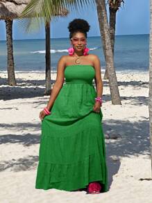 Slaydiva Plus Size Solid Green Holiday Casual Style Strapless Dress,Summer Dresses For Women - Green - View 3
