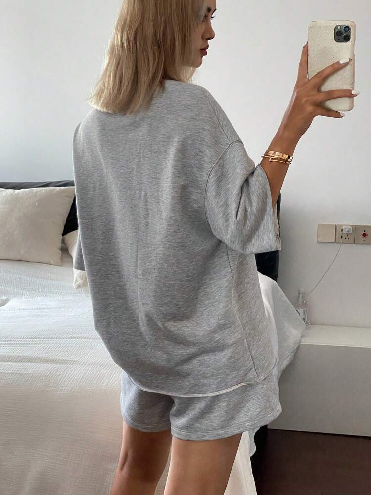 2pcs/Set Women's Round Neck Korean Style Drop Shoulder T-Shirt And Shorts Casual Outfit Lounge Sets For Women