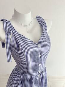 Elamini 女式休闲夏季格子拼布二合一连衣裙 - 藍白色 - 查看 4