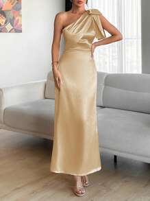 EURMUSE Chimpagne Color Tie Detail Satin Dress - Champagne - View 3