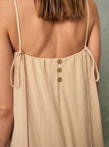 Poéselle 女士连衣裙 棉质舒适纽扣后系带卡其色连衣裙 宽松摆裙 中长裙 吊带裙 女士纯色褶皱吊带裙，休闲度假风格 夏季女装 太阳裙 夏装 夏装 春装 夏季女装 超长裙 长裙 夏季服装 西方女装 休闲裙 波西米亚风女装 - 卡其色 - 查看 5