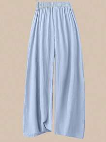 SHEIN MOOSTA Plus Size Solid Color Asymmetrical Ruched Round Neck Short Sleeve T-Shirt And Wide Leg Pants 2 Pieces Set, Casual, Versatile, Loose Fit, Suitable For Vacation And Everyday Wear, Spring/Autumn - Multicolor - View 5