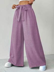 Zielony Pantalones casuales anchos y sueltos con cintura de corbata de unicolor para mujeres