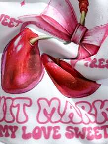 SHEIN Swim 2 件套女士简约水果印花露背短款上衣和系带侧泳衣套装，沙滩装 - 紅白色 - 查看 4