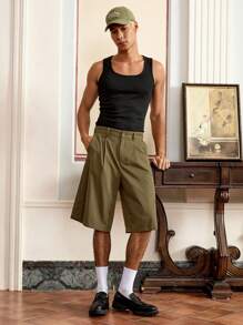 SWAVVY Pantalones cortos verdes anchos de verano con diseño plisado y bordado de unicolor para hombre, para el verano y la escuela