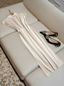 SHEIN Clasi Women's Elegant Button Decor Lapel Collar Summer Dress - Apricot - View 2