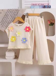 SHEIN Leap Crew 2pcs/Set Girls Knit Solid Color Round Neck Floral Tassel Fitted Camisole & Loose Casual Pants Set - Apricot - View 9