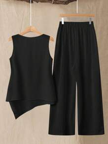 EMERY ROSE Set informal de 2 piezas de pantalón de patas anchas y camisa sin mangas con bajo asimétrico en unicolor para mujer talla grande - Negro - Ver 2
