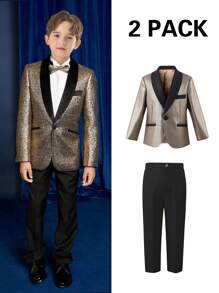SHEIN 2 piezas Conjunto de traje de caballero encantador para niños, que incluye chaqueta de cuello alto de color brillante y pantalones negros elegantes, adecuado para celebraciones, actuaciones en el escenario, ceremonias de premiación y eventos como bodas, invitados de bodas, paje, y portador de anillos