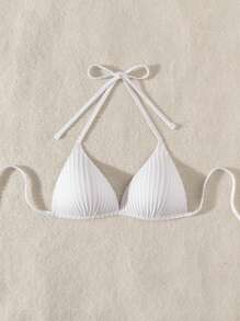 SHEIN Swim 女士夏季度假沙滩纯色吊带泳衣比基尼上衣 - 白色 - 查看 3