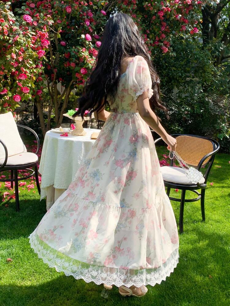 chinese dress ladies Belle Flower Patchwork Dress – Women's Floral Lace Long Maxi Dress, Backless Flowy Summer Outfit, L by Nordic Peace main image 0