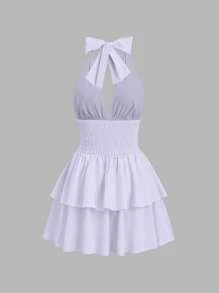 Sweetra 1 chiếc váy midi hở lưng màu trơn thanh lịch, eo cao, hở lưng, trang phục Y2K, váy dự tiệc Giáng sinh - Màu tím  Violet - Xem 2