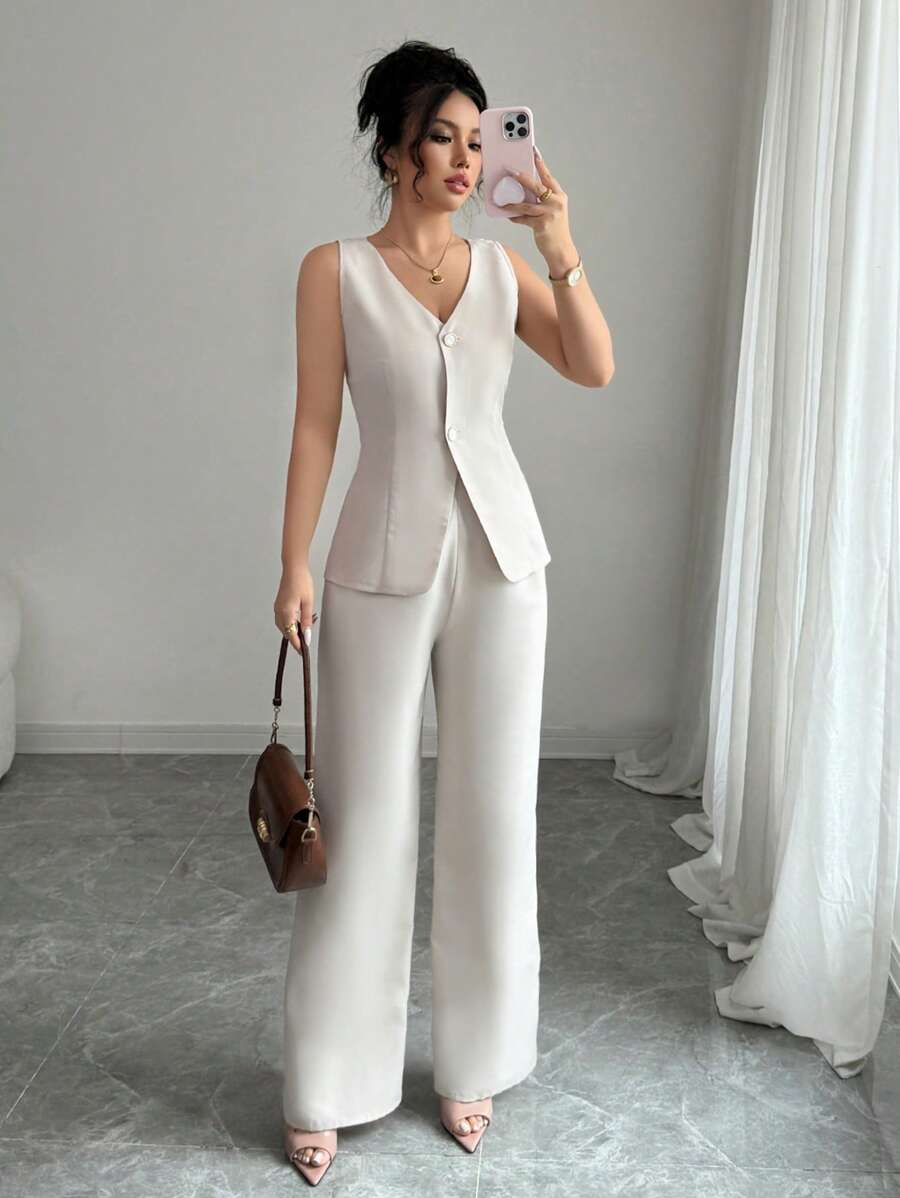 Elenzga Vintage Look Casual Waistcoat + Pants, For Spring/Summer Vacation
