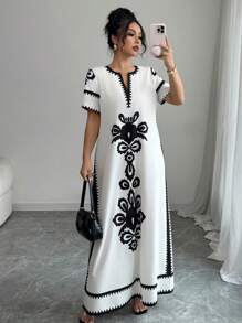 SHEIN Tall Women's Elegant Contrast Color Printed Dress, Summer - White - View 7